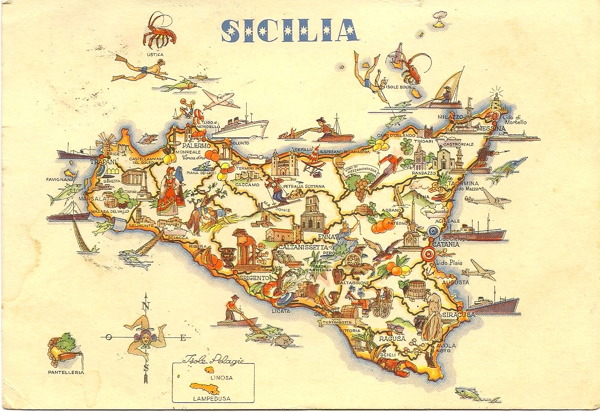 Sicily Map Card from Vienna to Catherine & Roberta - April 16, 1954
